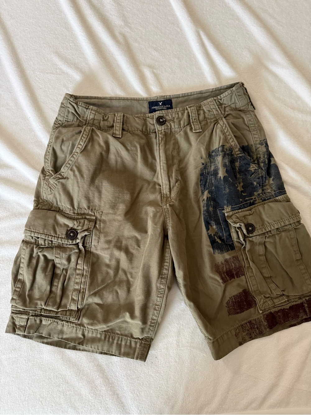 American Eagle Outfitters Olive Cargo Shorts with Flag Print